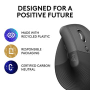 Logitech Core Ergo Series LIFT Vertical Ergonomic Wireless Mouse, Bluetooth/USB, Graphite