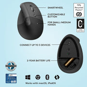 Logitech Core Ergo Series LIFT Vertical Ergonomic Wireless Mouse, Bluetooth/USB, Graphite