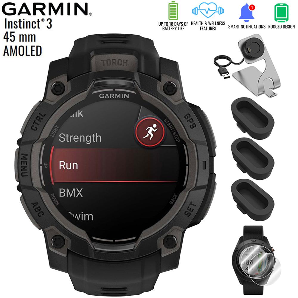 Garmin Instinct 3 - 45 mm GPS Smartwatch AMOLED Black with Charging Dock Bundle
