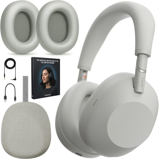 Sony Wireless Noise Canceling Headphones, Silver w/ Deco Gear Earpads & Master Guide