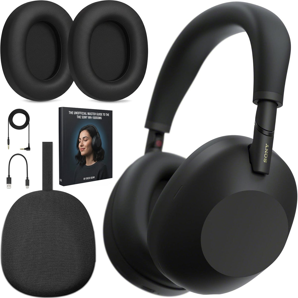 Sony Wireless Noise Canceling Headphones, Black w/ Deco Gear Earpads & Master Guide