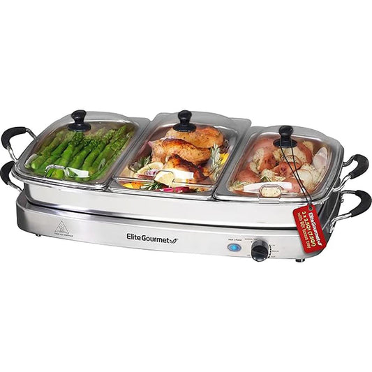 Elite Gourmet EWM-9933 7.5-Qt Triple Buffet Server and Warming Tray, Stainless Steel