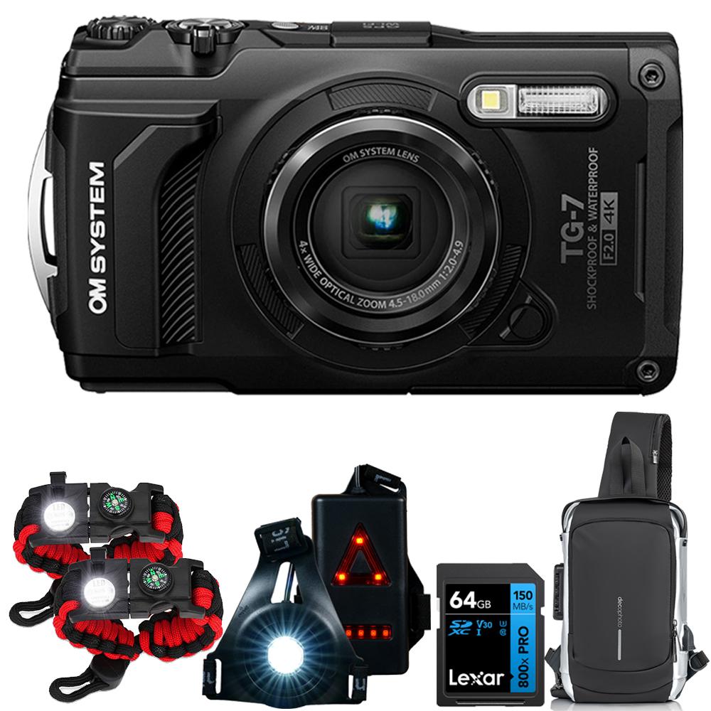 OM SYSTEM Olympus Tough TG-7 4K Underwater Camera Black with Safety Bundle + 64GB Card
