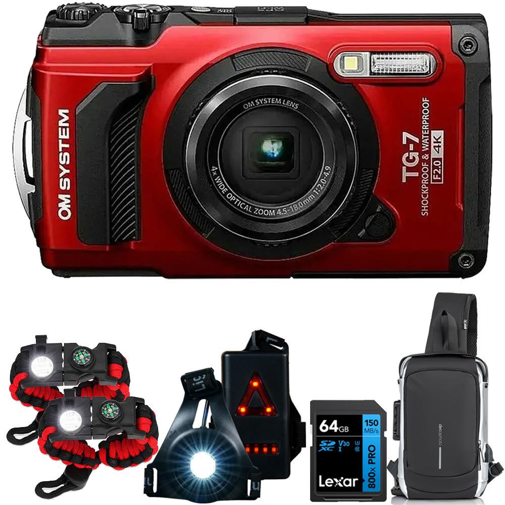 OM SYSTEM Olympus Tough TG-7 4K Underwater Camera Red with Safety Bundle + 64GB Card