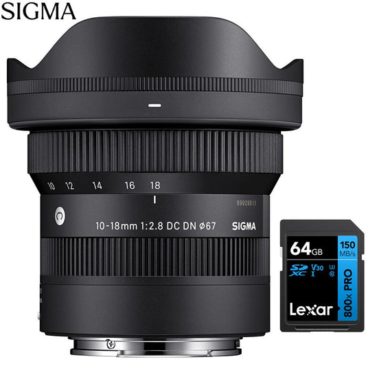 Sigma 10-18mm f/2.8 DC DN Contemporary Lens (Sony E-Mount) with Lexar 64GB Card