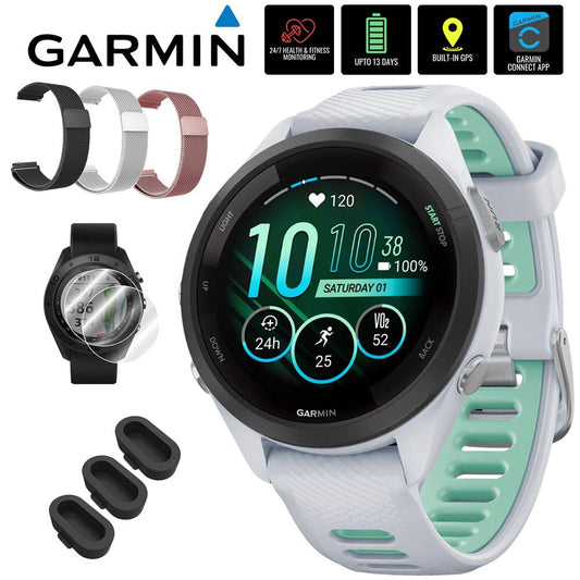 Garmin Forerunner 265S GPS Smartwatch, Whitestone/Neo Tropic w/ Accessories Bundle