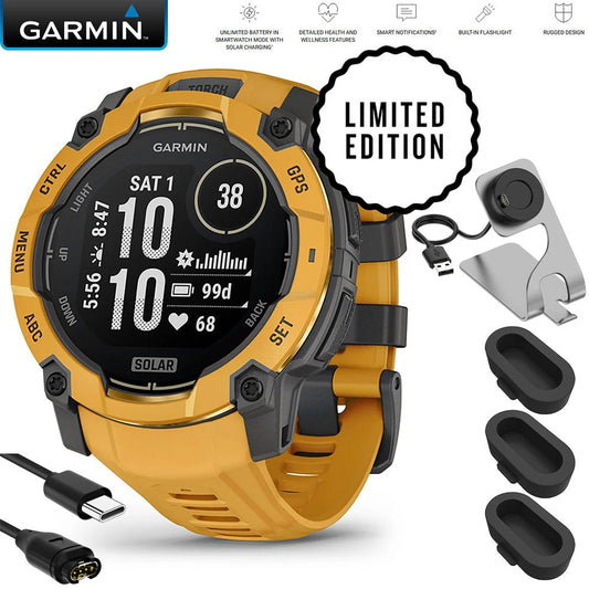Garmin Instinct 3 - 50 mm GPS Smartwatch SOLAR Sunburst + Charging Dock Bundle