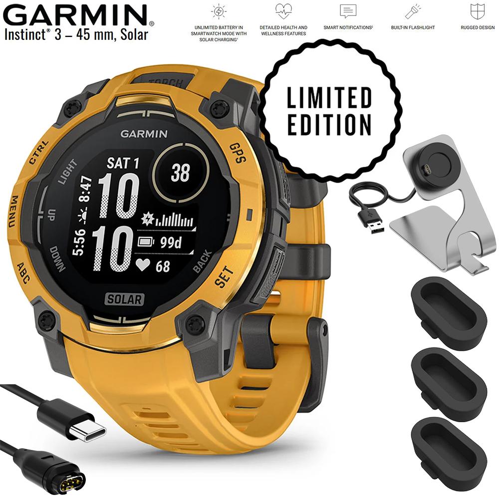 Garmin Instinct 3 - 45 mm GPS Smartwatch SOLAR Sunburst + Charging Dock Bundle
