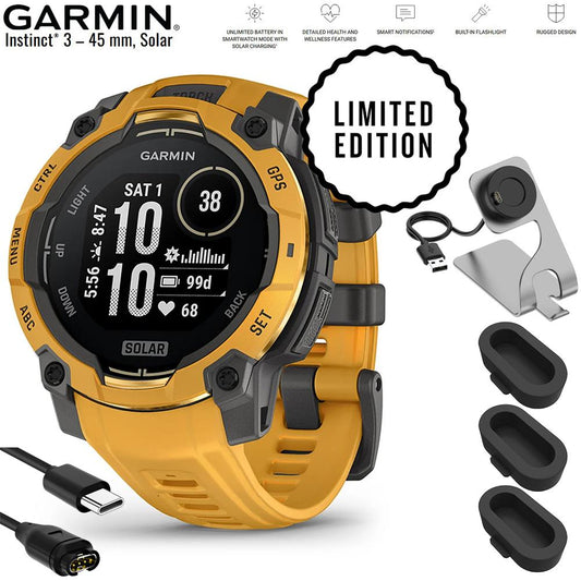 Garmin Instinct 3 - 45 mm GPS Smartwatch SOLAR Sunburst + Charging Dock Bundle