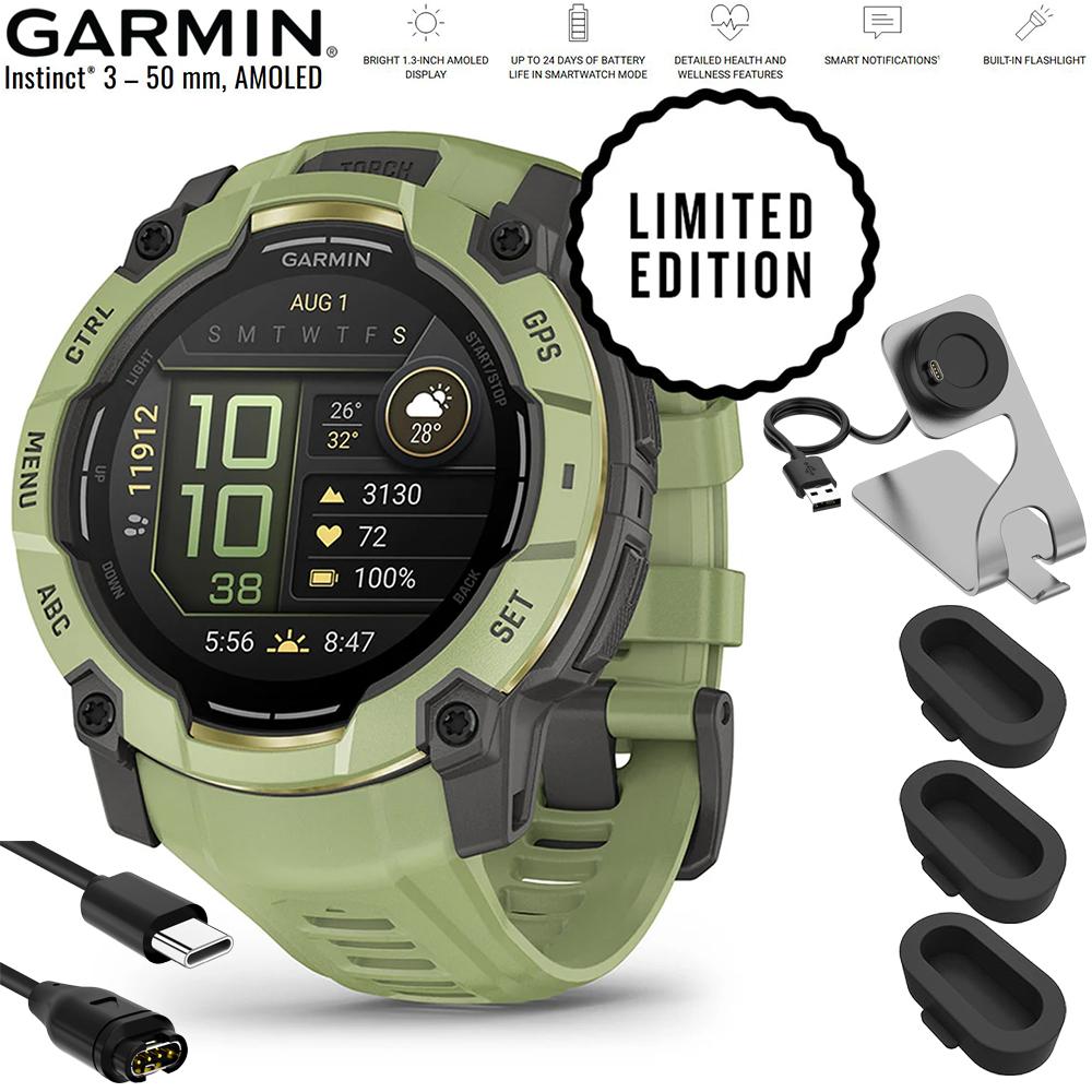 Garmin Instinct 3 50 mm GPS Smartwatch AMOLED Fern Green + Charging Dock Bundle