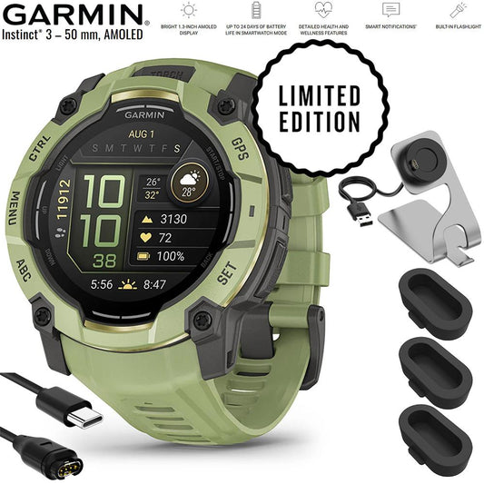 Garmin Instinct 3 50 mm GPS Smartwatch AMOLED Fern Green + Charging Dock Bundle