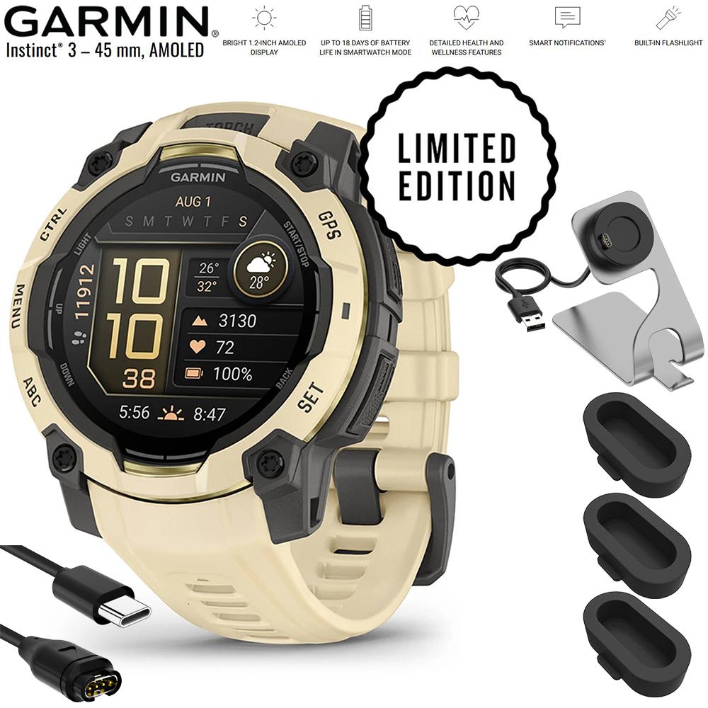 Garmin Instinct 3 - 45 mm GPS Smartwatch AMOLED Citrine + Charging Dock Bundle