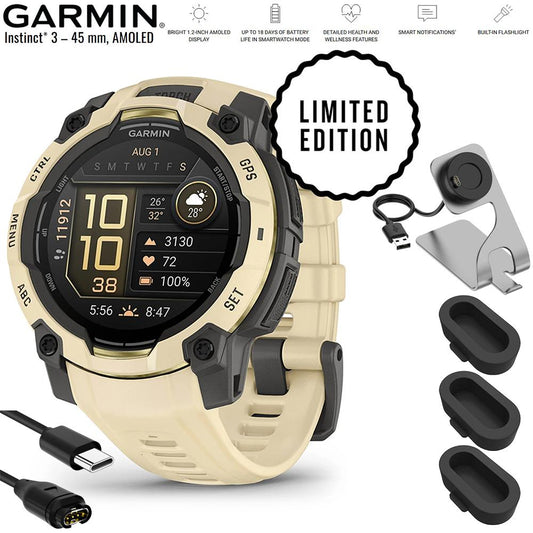 Garmin Instinct 3 - 45 mm GPS Smartwatch AMOLED Citrine + Charging Dock Bundle