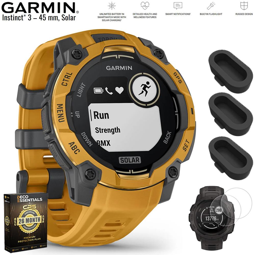 Garmin Instinct 3 - 45 mm GPS Smartwatch SOLAR Sunburst with Protection Bundle