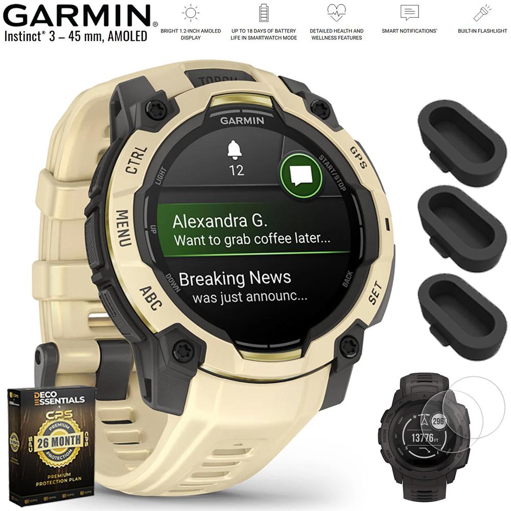 Garmin Instinct 3 - 45 mm GPS Smartwatch AMOLED Citrine with Protection Bundle