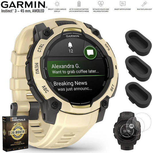 Garmin Instinct 3 - 45 mm GPS Smartwatch AMOLED Citrine with Protection Bundle