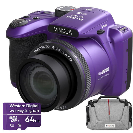 Minolta 20 MP / 1080P FHD Bridge Camera w/ 40x Zoom (Purple) + Bag and 64GB Card