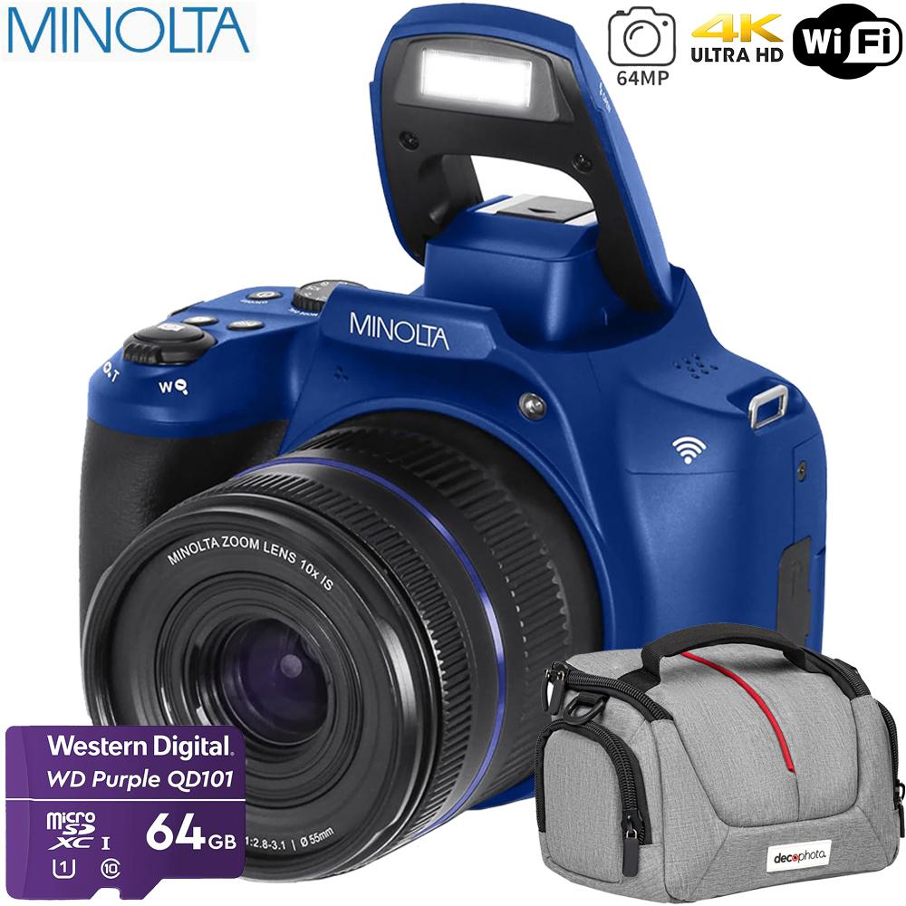 Minolta 64MP Auto Focus Digital Camera Blue with Camera Bag and 64GB Card