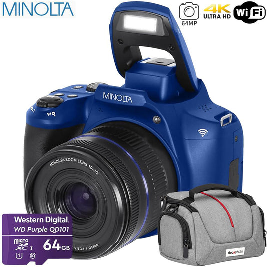 Minolta 64MP Auto Focus Digital Camera Blue with Camera Bag and 64GB Card