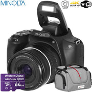 Minolta 64 MP / 4K Bridge Camera Black with Camera Bag and Memory 64GB Card