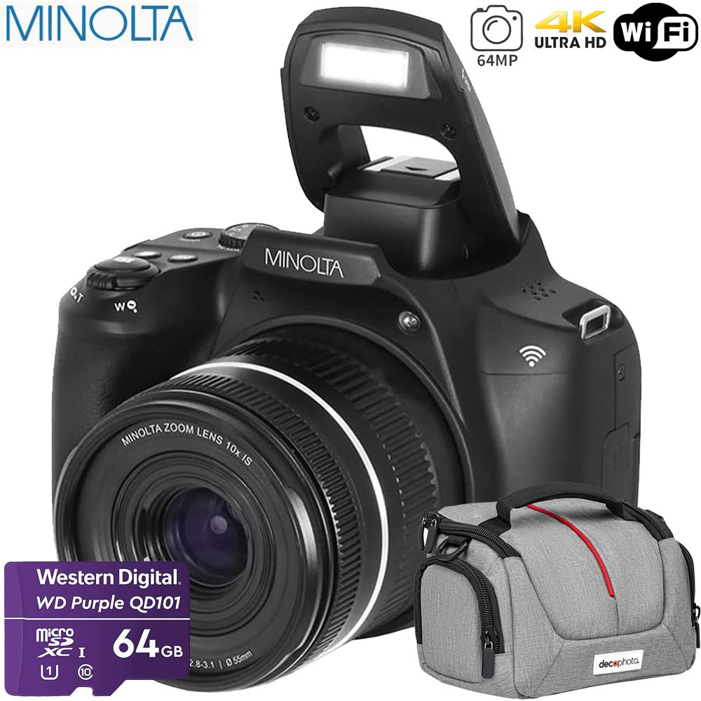 Minolta 64 MP / 4K Bridge Camera Black with Camera Bag and Memory 64GB Card