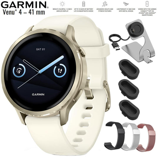 Garmin Venu 4 41mm Health & Fitness GPS Smartwatch Lunar with Metal Bands Bundle