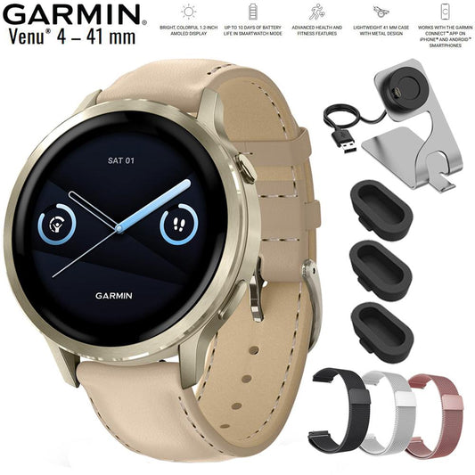 Garmin Venu 4, 41mm Smartwatch Lunar Gold with Sand Band + Metal Bands Bundle