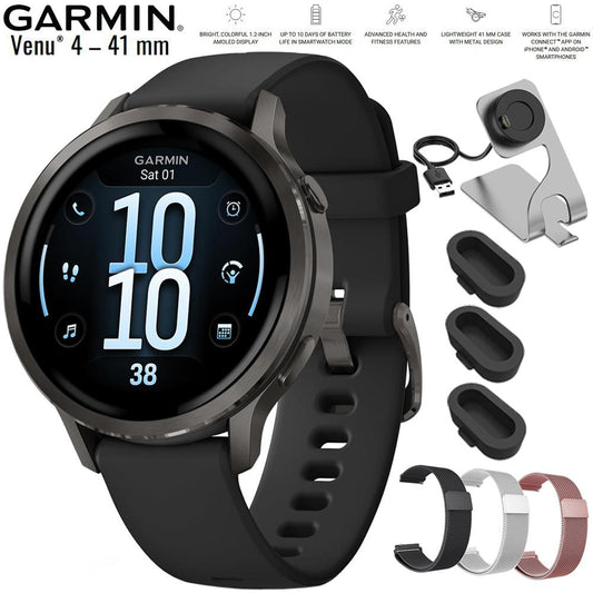 Garmin Venu 4, 41 mm Health & Fitness GPS Smartwatch Slate + Metal Bands Bundle