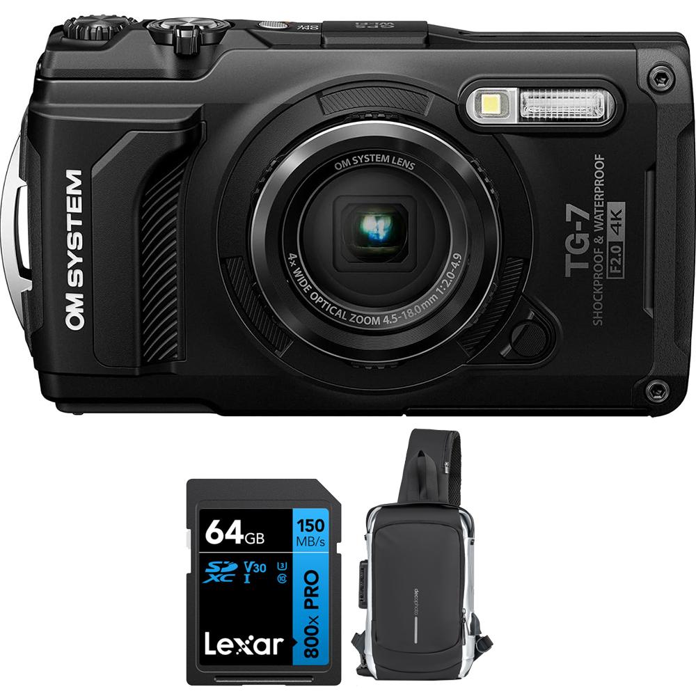 OM Systems Tough TG-7 12MP 4K Underwater Digital Camera, Black Adventure 64GB Card Bundle