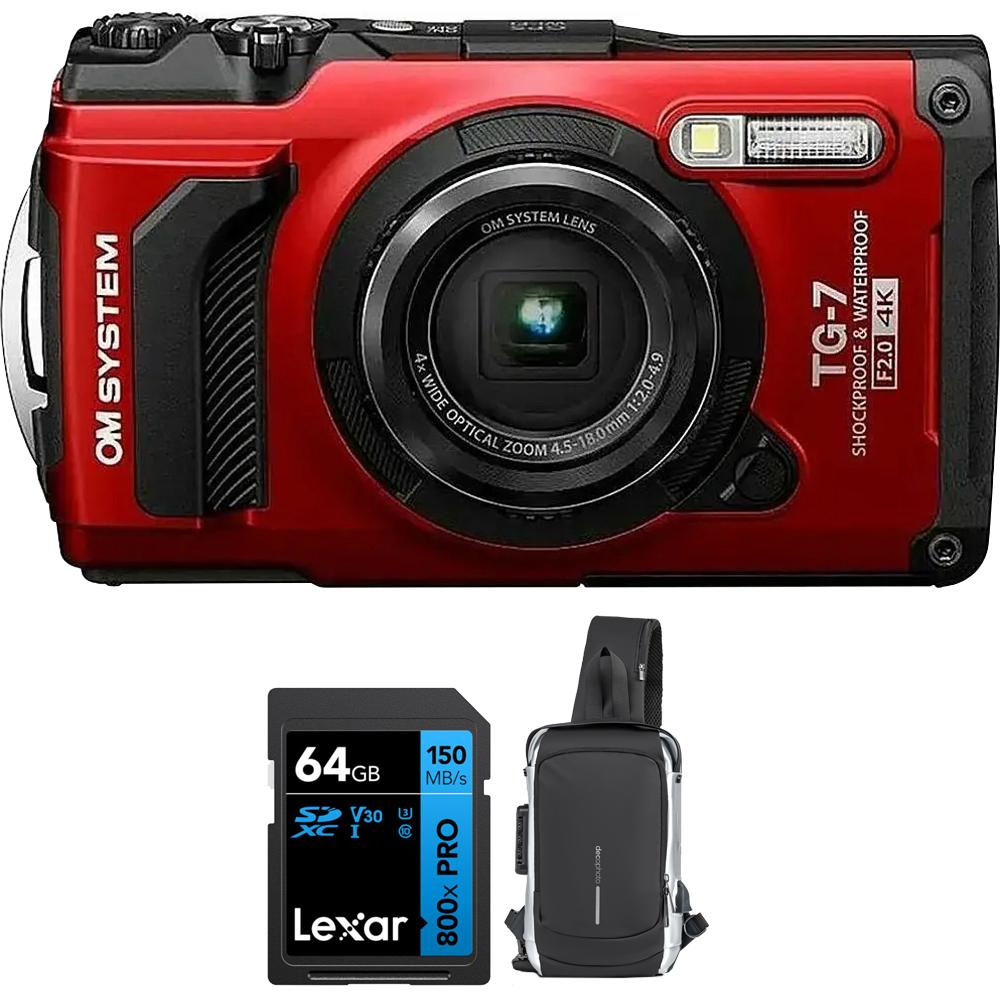 OM SYSTEM Tough TG-7 12MP 4K Underwater Digital Camera (Red) Adventure 64GB Card Bundle