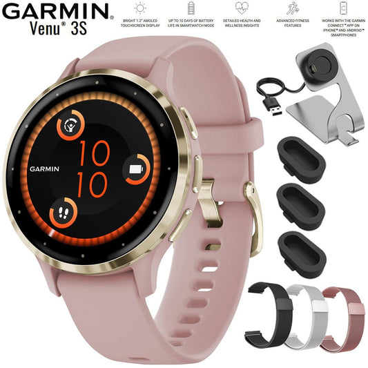 Garmin Venu 3S Fitness GPS Smartwatch Gold with Rose Case 41mm + Bands Bundle