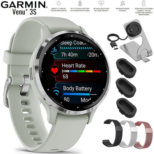 Garmin Venu 3S Health Fitness GPS Smartwatch Steel with Gray Case + Bands Bundle