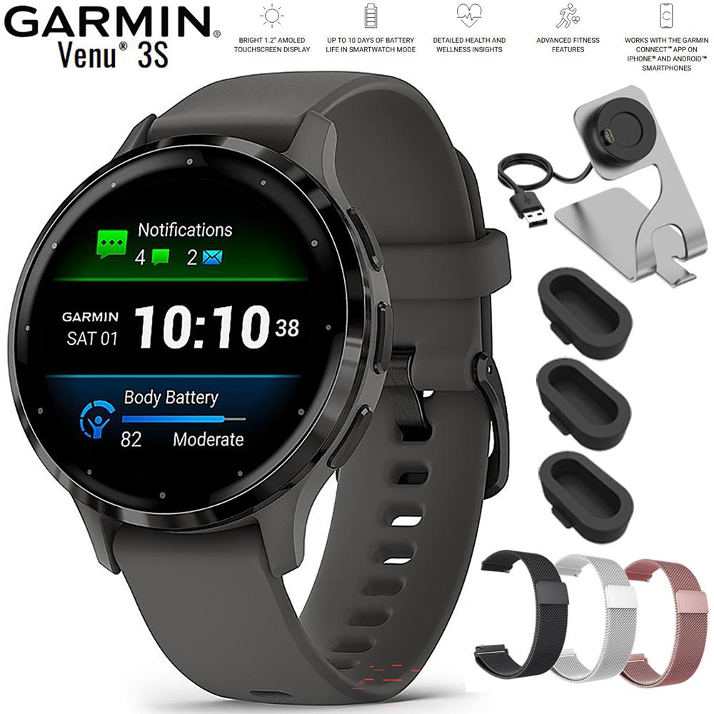 Garmin Venu 3S Health Fitness GPS Smartwatch Steel with Gray Case + Bands Bundle
