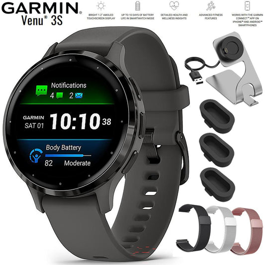 Garmin Venu 3S Health Fitness GPS Smartwatch Steel with Gray Case + Bands Bundle