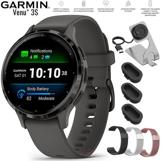 Garmin Venu 3S Fitness GPS Smartwatch Slate with Black Band 41mm + Bands Bundle