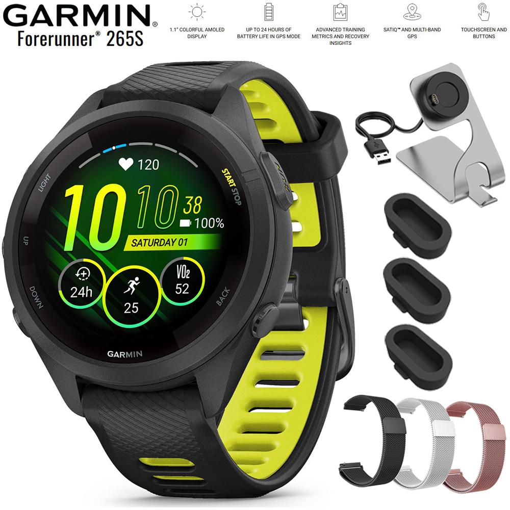Garmin Forerunner 265S GPS Smartwatch Black/Amp Yellow with Metal Bands Bundle