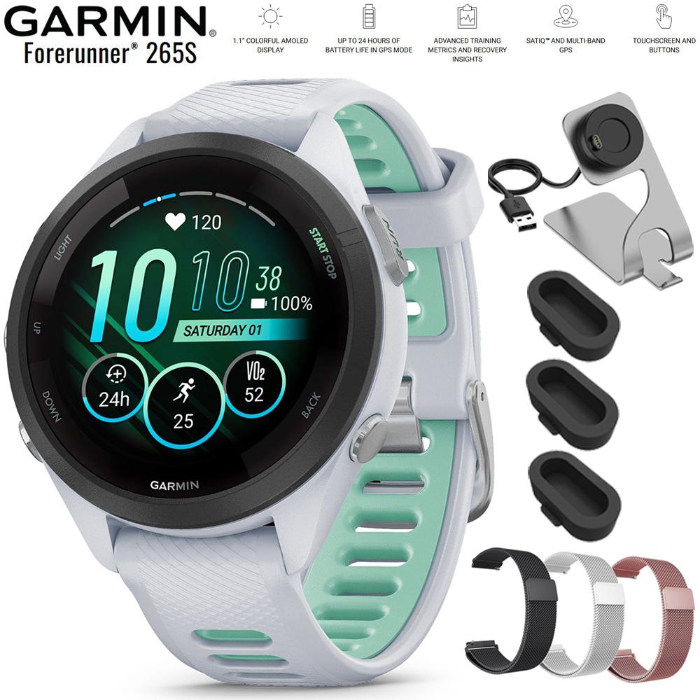 Garmin Forerunner 265S GPS Smartwatch Whitestone/Neo Tropic + Metal Bands Bundle