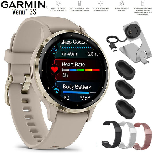 Garmin Venu 3S Fitness GPS Smartwatch Gold with Gray Band 41mm + Bands Bundle