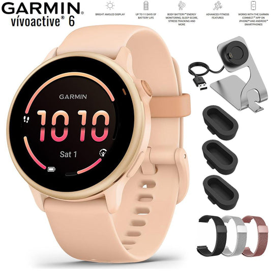 Garmin VIVOACTIVE 6 Health and Fitness GPS Smartwatch Pink Dawn with Band Bundle
