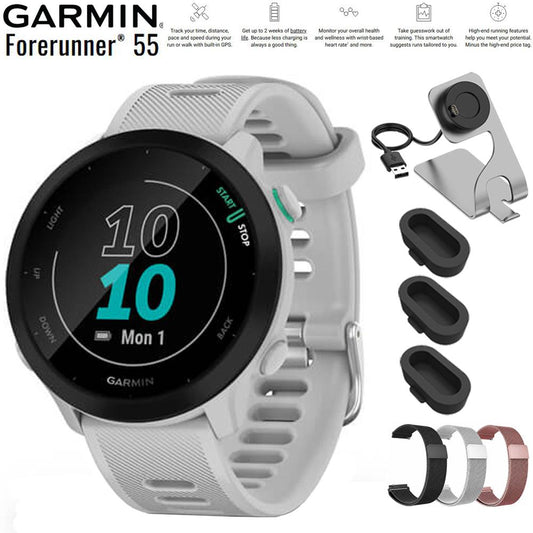 Garmin Forerunner 55 GPS Running Watch & Activity Tracker White with Band Bundle