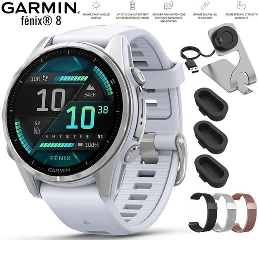 Garmin Fenix 8 43 mm, AMOLED, Silver with Whitestone Band + 20mm Band Bundle