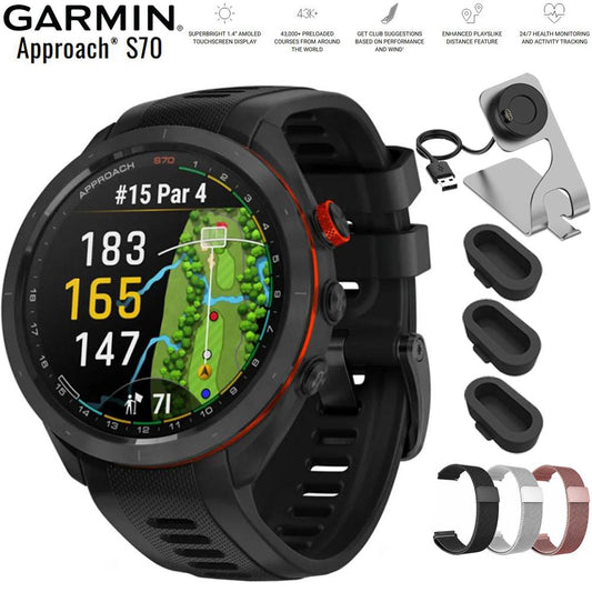 Garmin Approach S70 47 mm Premium GPS Golf Watch Black Band + 20mm Band Bundle
