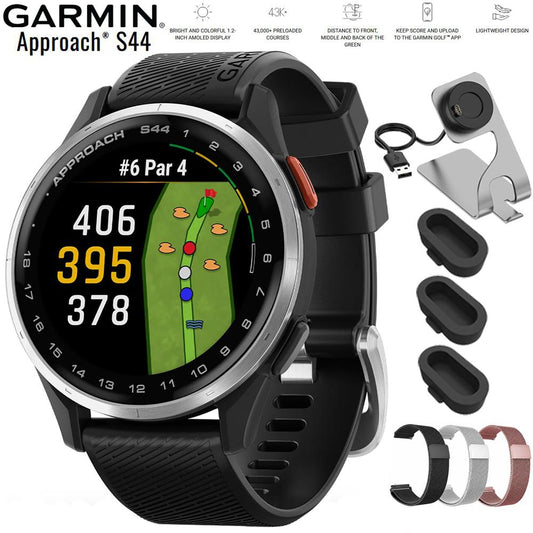 Garmin Approach S44 GPS Golf Smartwatch Silver Aluminum Bezel + 20mm Band Bundle