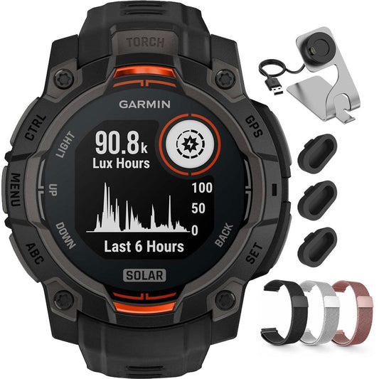 Garmin Instinct 3 - 45 mm GPS Smartwatch, SOLAR + Milanese Band + Charging Dock Bundle