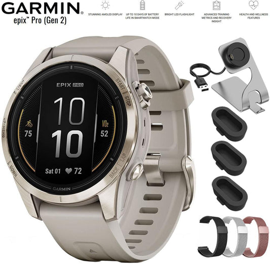 Garmin Epix Pro (Gen 2) 42mm, Sapphire Soft Gold Steel Light Sand + Band Bundle