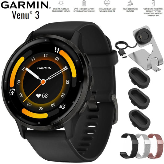 Garmin Venu 3 Fitness GPS Smartwatch Steel Bezel with Black Case + Band Bundle