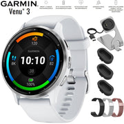 Garmin Venu 3 GPS Smartwatch Silver Steel Bezel with Whitestone Case+Band Bundle