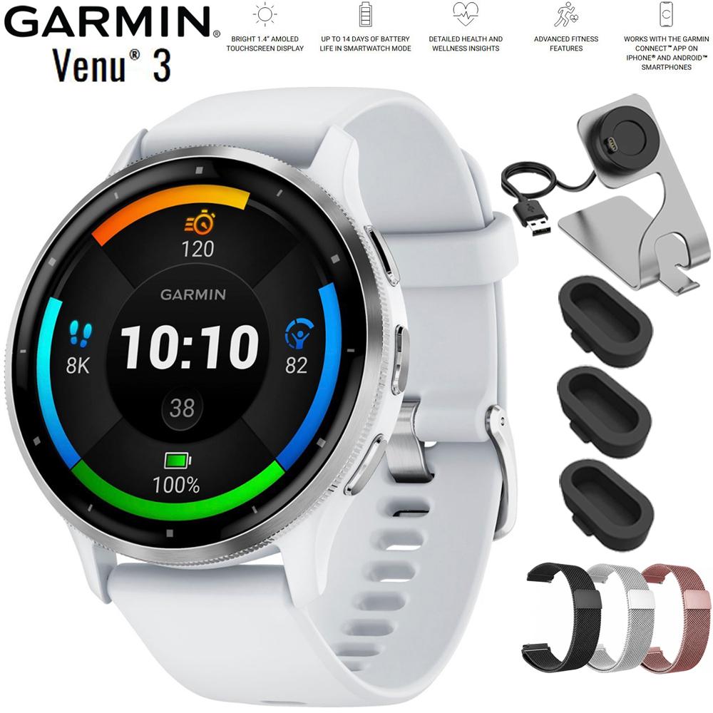 Garmin Venu 3 GPS Smartwatch Silver Steel Bezel with Whitestone Case+Band Bundle