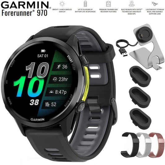 Garmin Forerunner 970 GPS Smartwatch Carbon Gray and Black Band with Band Bundle