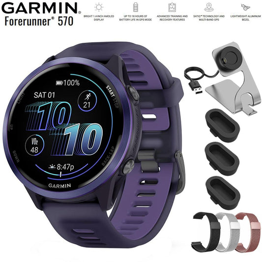 Garmin Forerunner 570 47mm GPS Smartwatch Aluminum and Indigo Band + Band Bundle